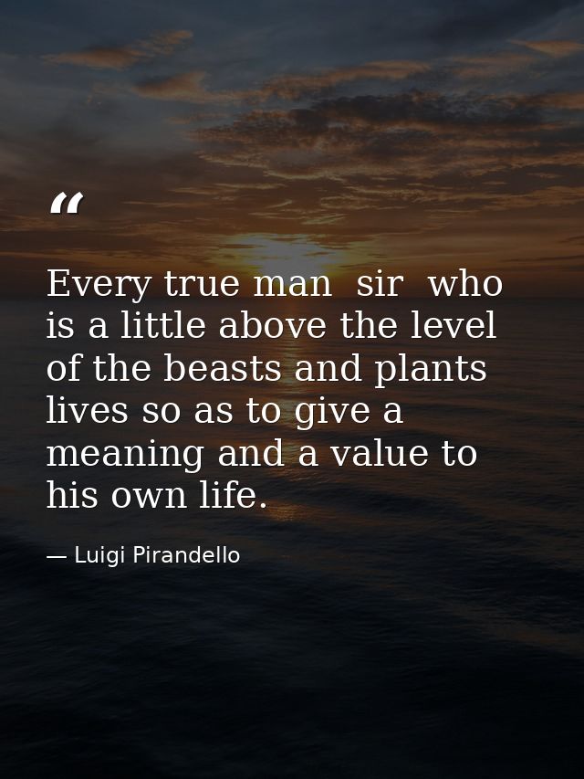 Every true man  sir  who is a little above the level of the beasts and plants  lives so as to give a meaning and a value — Luigi Pirandello