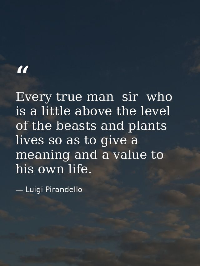 Every true man  sir  who is a little above the level of the beasts and plants  lives so as to give a meaning and a value — Luigi Pirandello