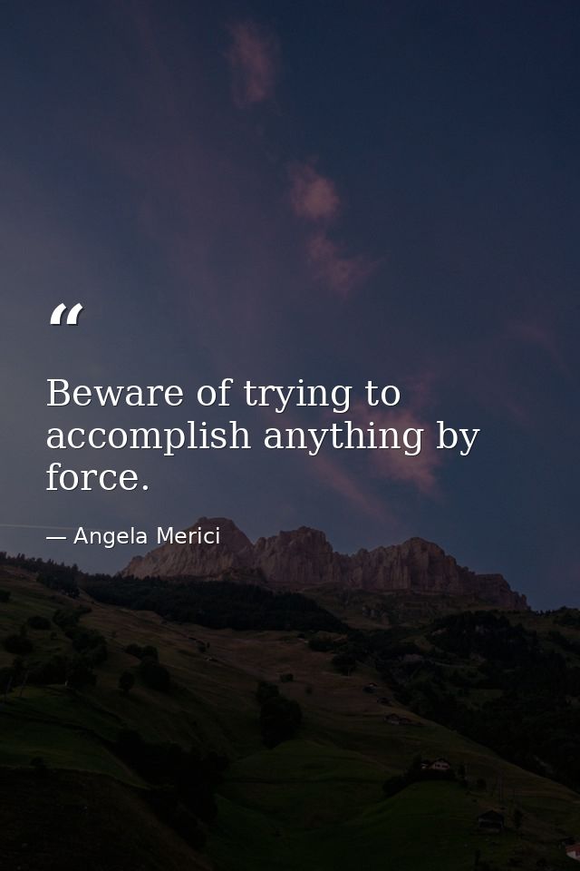 Beware of trying to accomplish anything by force. — Angela Merici