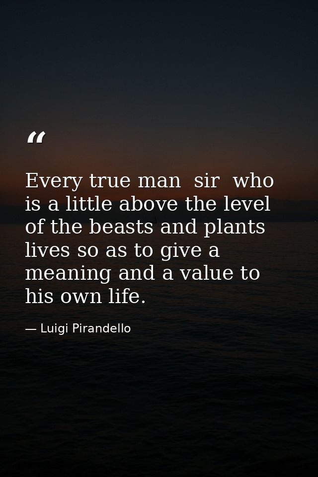 Every true man  sir  who is a little above the level of the beasts and plants  lives so as to give a meaning and a value — Luigi Pirandello