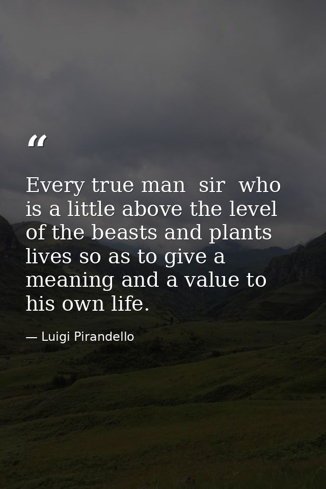 Every true man  sir  who is a little above the level of the beasts and plants  lives so as to give a meaning and a value — Luigi Pirandello