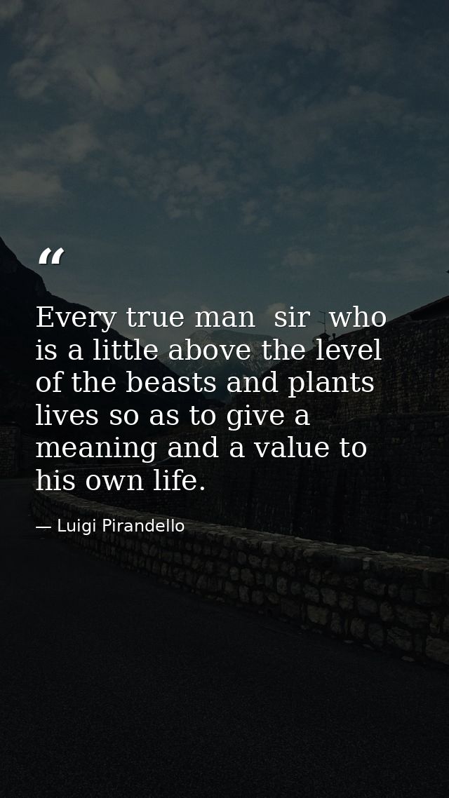 Every true man  sir  who is a little above the level of the beasts and plants  lives so as to give a meaning and a value — Luigi Pirandello