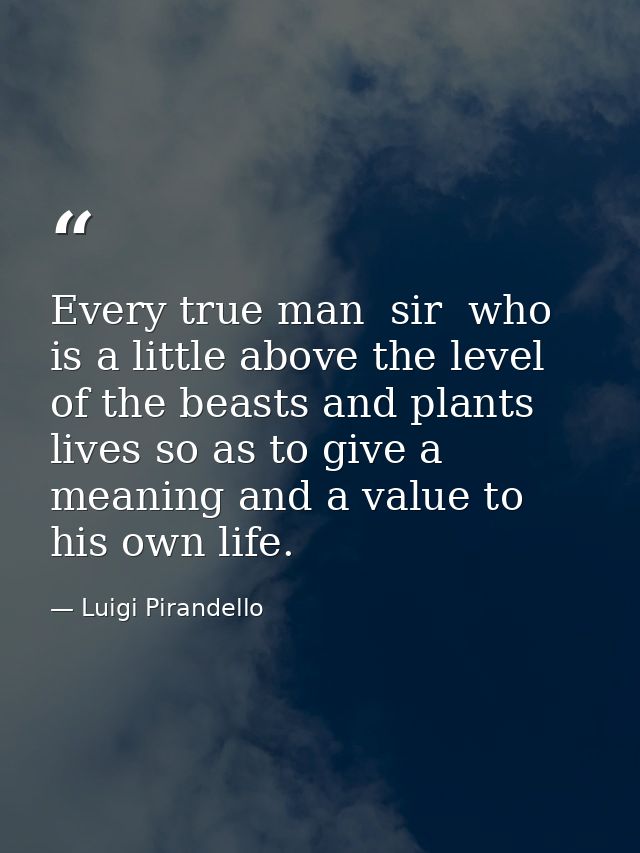 Every true man  sir  who is a little above the level of the beasts and plants  lives so as to give a meaning and a value — Luigi Pirandello