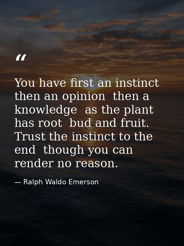 You have first an instinct  then an opinion  then a knowledge  as the plant has root  bud and fruit. Trust the instinct  — Ralph Waldo Emerson