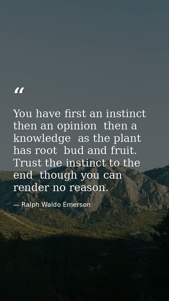 You have first an instinct  then an opinion  then a knowledge  as the plant has root  bud and fruit. Trust the instinct  — Ralph Waldo Emerson