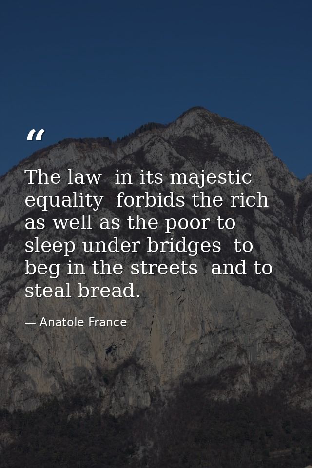 The law  in its majestic equality  forbids the rich as well as the poor to sleep under bridges  to beg in the streets  a — Anatole France