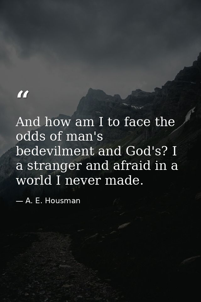 And how am I to face the odds of man's bedevilment and God's? I  a stranger and afraid in a world I never made. — A. E. Housman