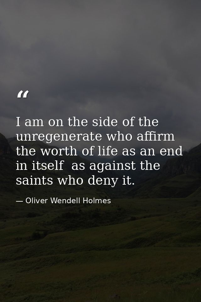 I am on the side of the unregenerate who affirm the worth of life as an end in itself  as against the saints who deny it — Oliver Wendell Holmes
