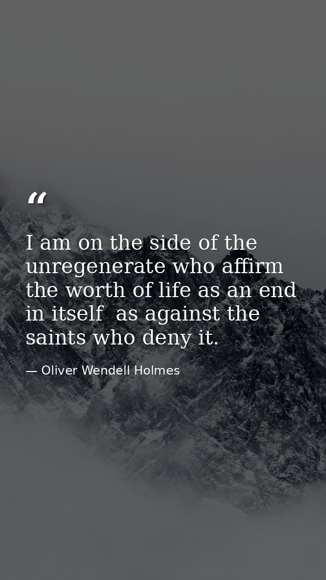 I am on the side of the unregenerate who affirm the worth of life as an end in itself  as against the saints who deny it — Oliver Wendell Holmes