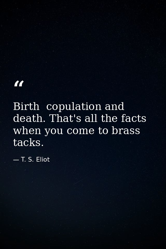 Birth  copulation and death. That's all the facts when you come to brass tacks. — T. S. Eliot