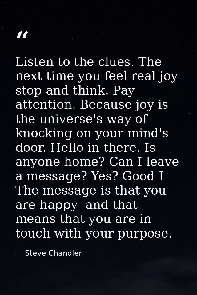 Listen to the clues. The next time you feel real joy  stop and think. Pay attention. Because joy is the universe's way o — Steve Chandler