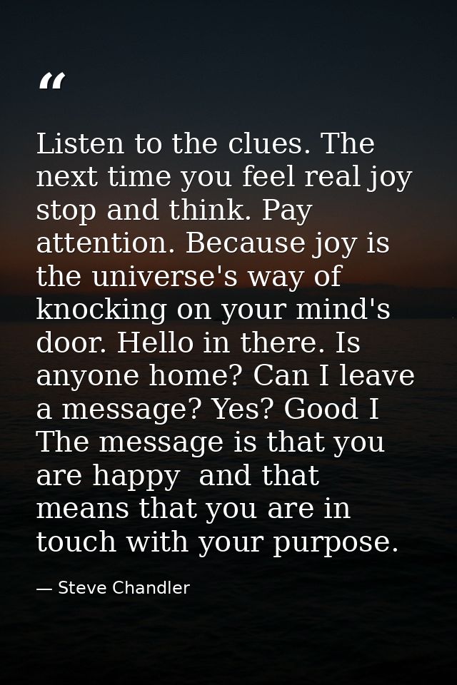 Listen to the clues. The next time you feel real joy  stop and think. Pay attention. Because joy is the universe's way o — Steve Chandler