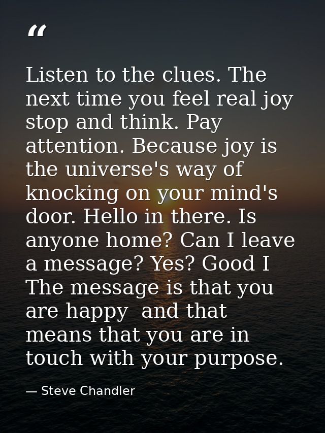 Listen to the clues. The next time you feel real joy  stop and think. Pay attention. Because joy is the universe's way o — Steve Chandler
