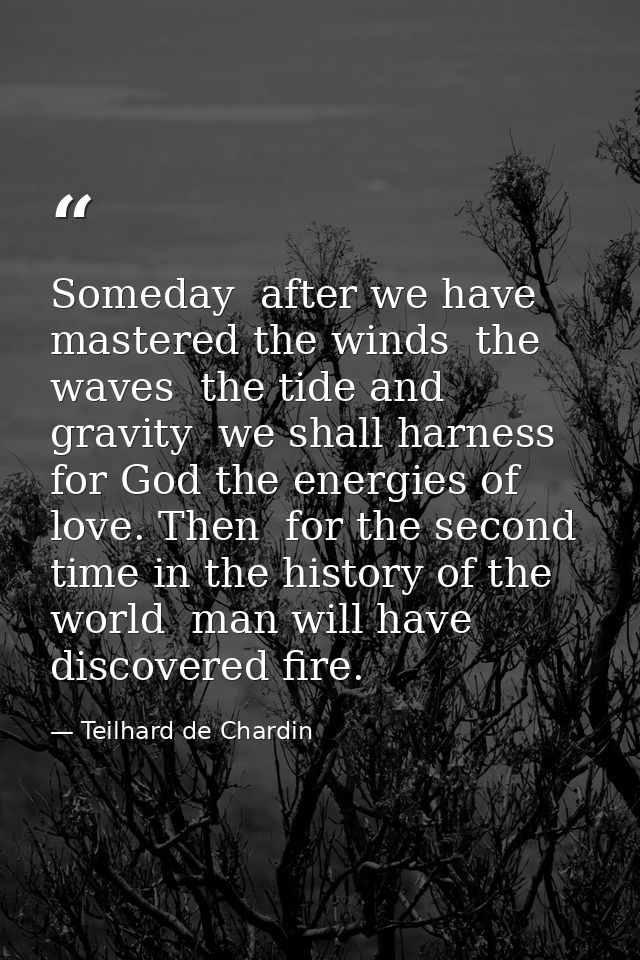 Someday  after we have mastered the winds  the waves  the tide and gravity  we shall harness for God the energies of lov — Teilhard de Chardin