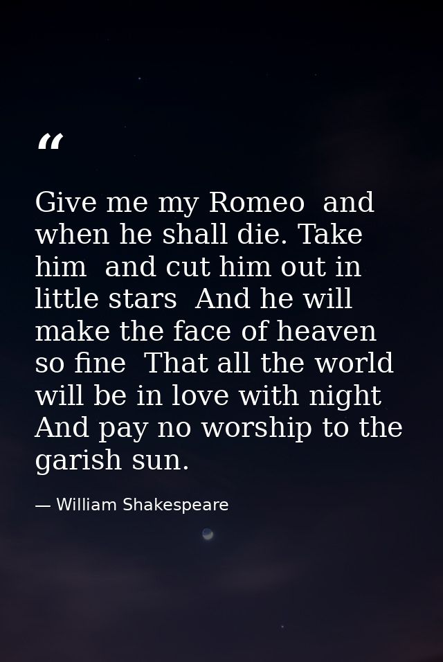 Give me my Romeo  and  when he shall die. Take him  and cut him out in little stars  And he will make the face of heaven — William Shakespeare