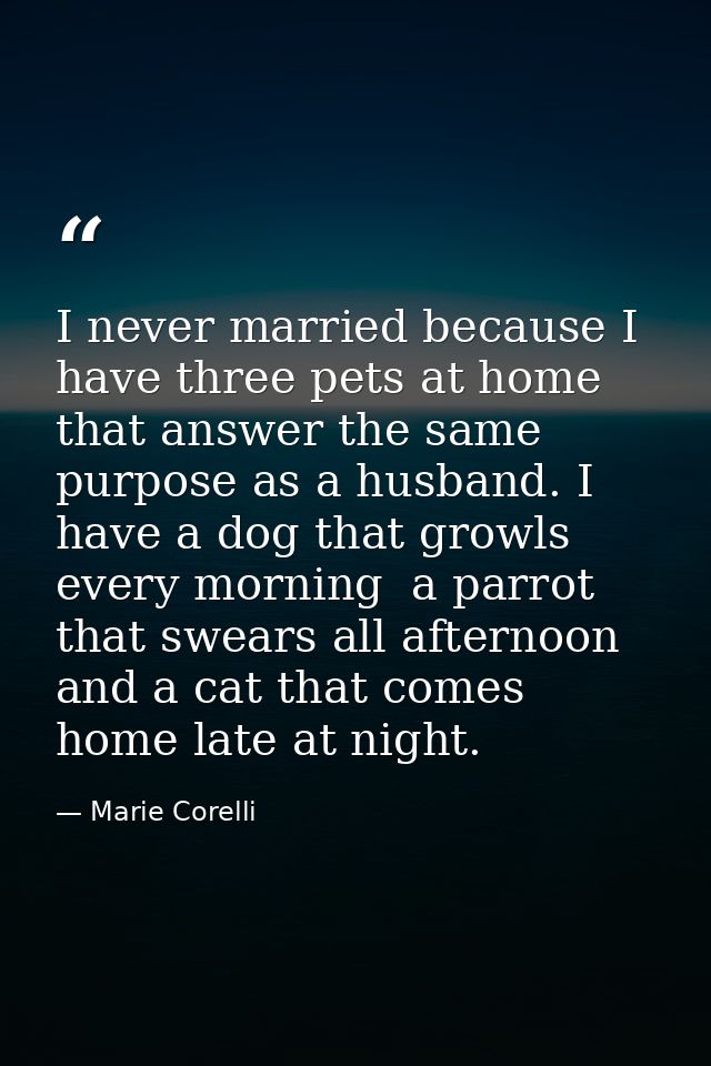 I never married because I have three pets at home that answer the same purpose as a husband. I have a dog that growls ev — Marie Corelli