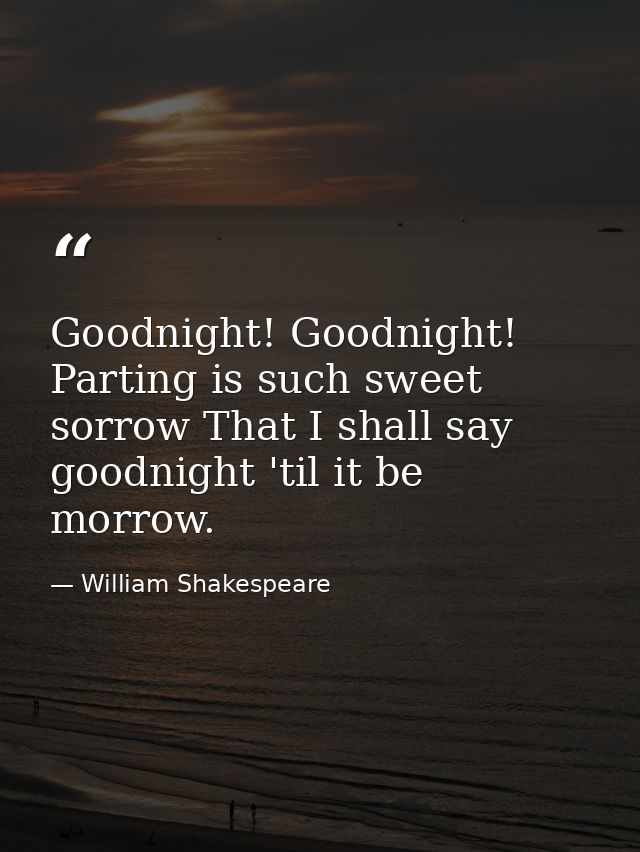 Goodnight! Goodnight! Parting is such sweet sorrow That I shall say goodnight 'til it be morrow. — William Shakespeare