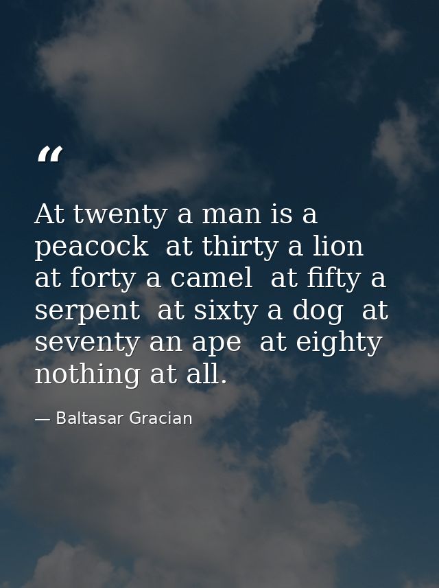 At twenty a man is a peacock  at thirty a lion  at forty a camel  at fifty a serpent  at sixty a dog  at seventy an ape  — Baltasar Gracian