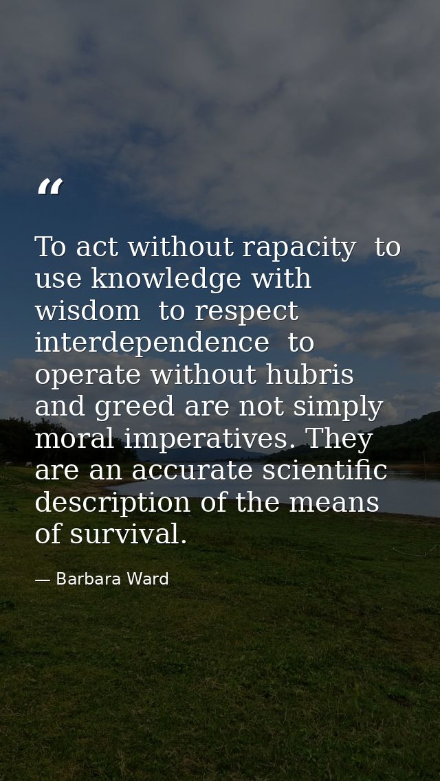 To act without rapacity  to use knowledge with wisdom  to respect interdependence  to operate without hubris and greed a — Barbara Ward