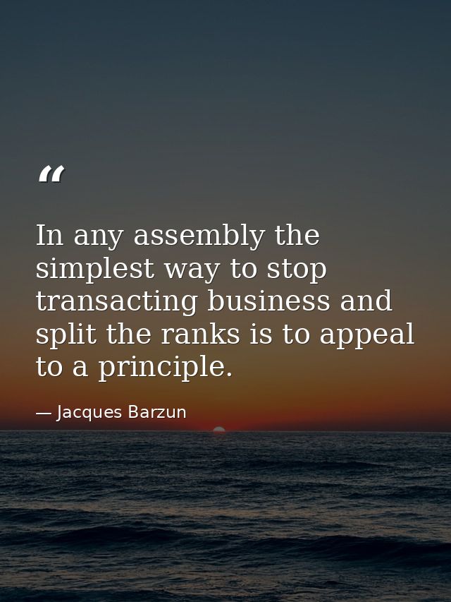 In any assembly the simplest way to stop transacting business and split the ranks is to appeal to a principle. — Jacques Barzun
