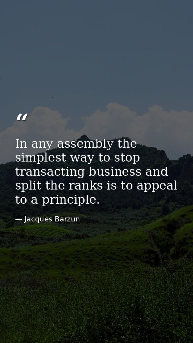 In any assembly the simplest way to stop transacting business and split the ranks is to appeal to a principle. — Jacques Barzun