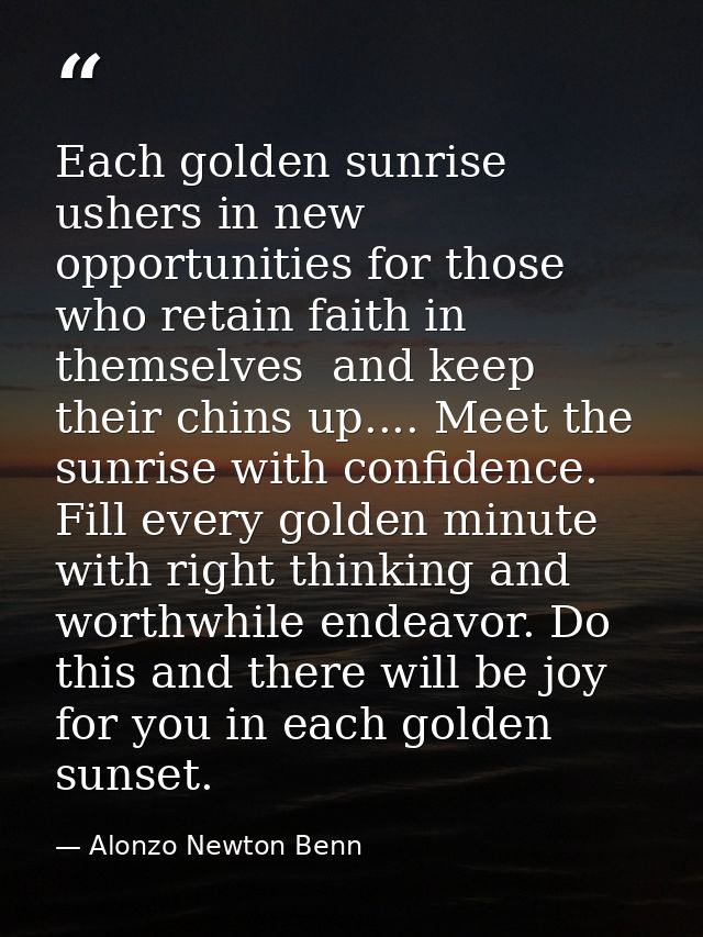 Each golden sunrise ushers in new opportunities for those who retain faith in themselves  and keep their chins up.... Me — Alonzo Newton Benn