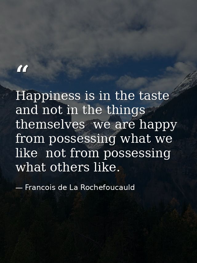 Happiness is in the taste  and not in the things themselves  we are happy from possessing what we like  not from possess — Francois de La Rochefoucauld