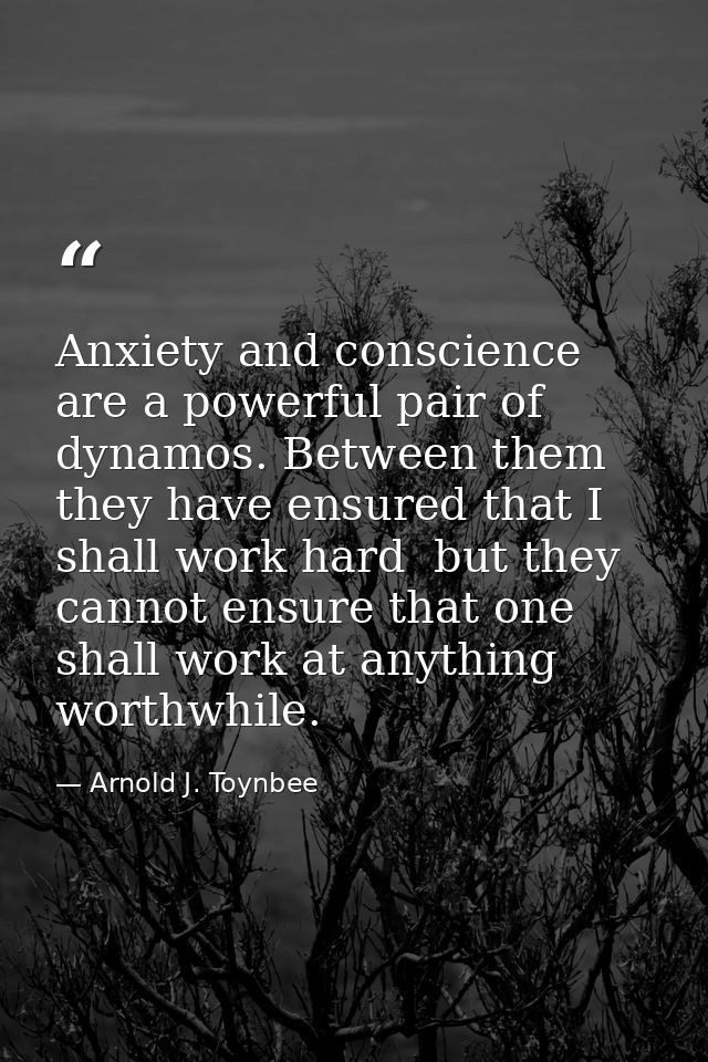 Anxiety and conscience are a powerful pair of dynamos. Between them  they have ensured that I shall work hard  but they  — Arnold J. Toynbee