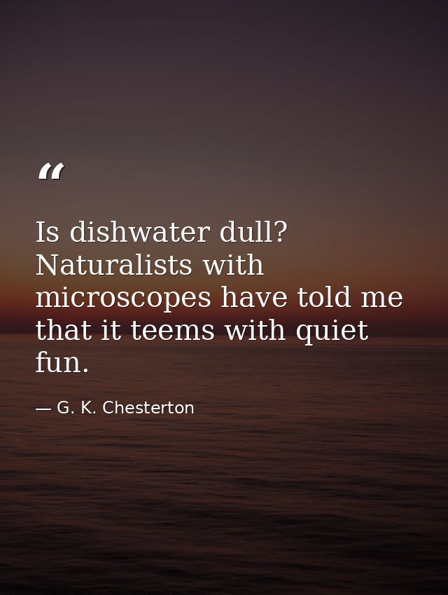 Is dishwater dull? Naturalists with microscopes have told me that it teems with quiet fun. — G. K. Chesterton