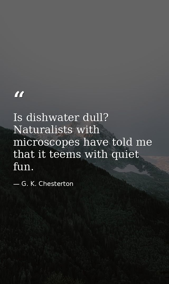 Is dishwater dull? Naturalists with microscopes have told me that it teems with quiet fun. — G. K. Chesterton
