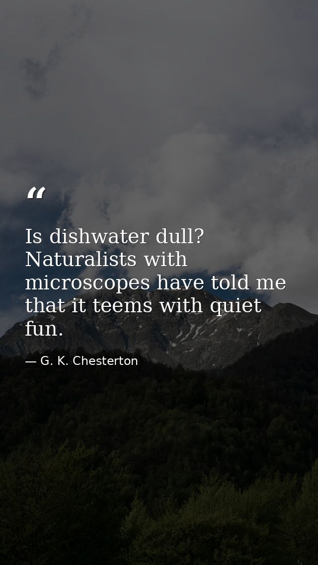 Is dishwater dull? Naturalists with microscopes have told me that it teems with quiet fun. — G. K. Chesterton