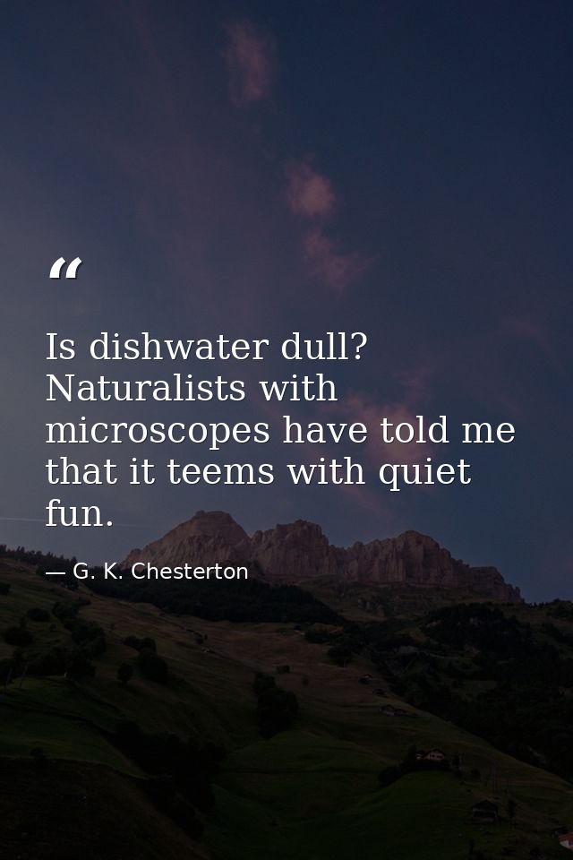 Is dishwater dull? Naturalists with microscopes have told me that it teems with quiet fun. — G. K. Chesterton