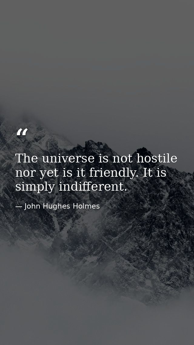 The universe is not hostile  nor yet is it friendly. It is simply indifferent. — John Hughes Holmes