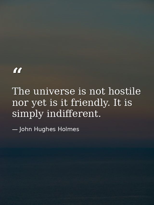 The universe is not hostile  nor yet is it friendly. It is simply indifferent. — John Hughes Holmes