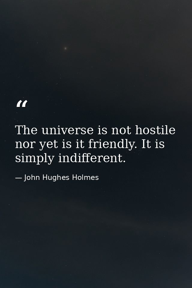 The universe is not hostile  nor yet is it friendly. It is simply indifferent. — John Hughes Holmes