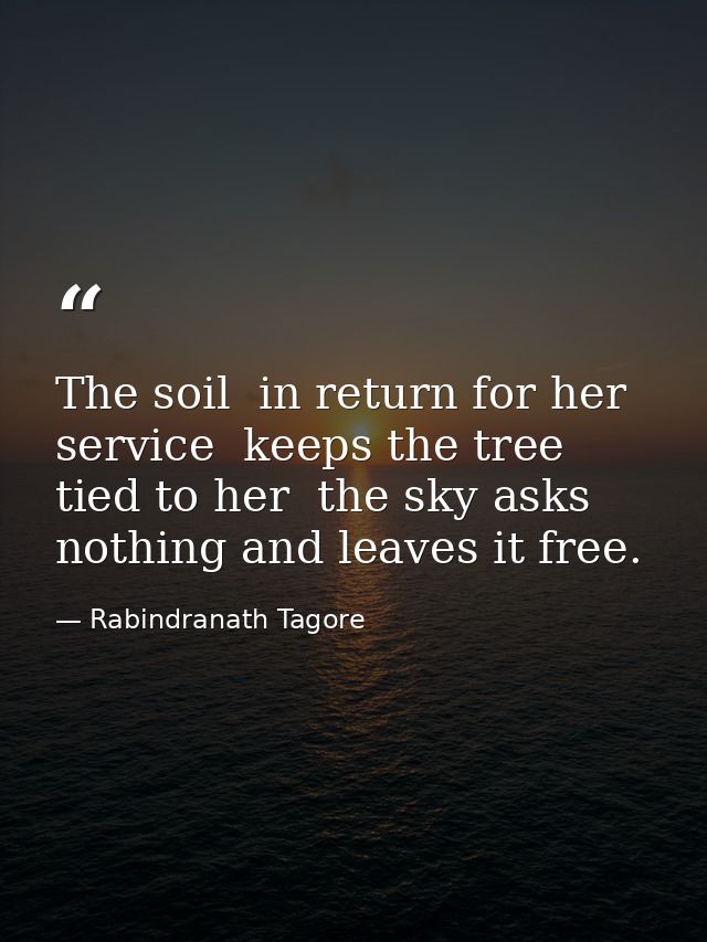 The soil  in return for her service  keeps the tree tied to her  the sky asks nothing and leaves it free. — Rabindranath Tagore