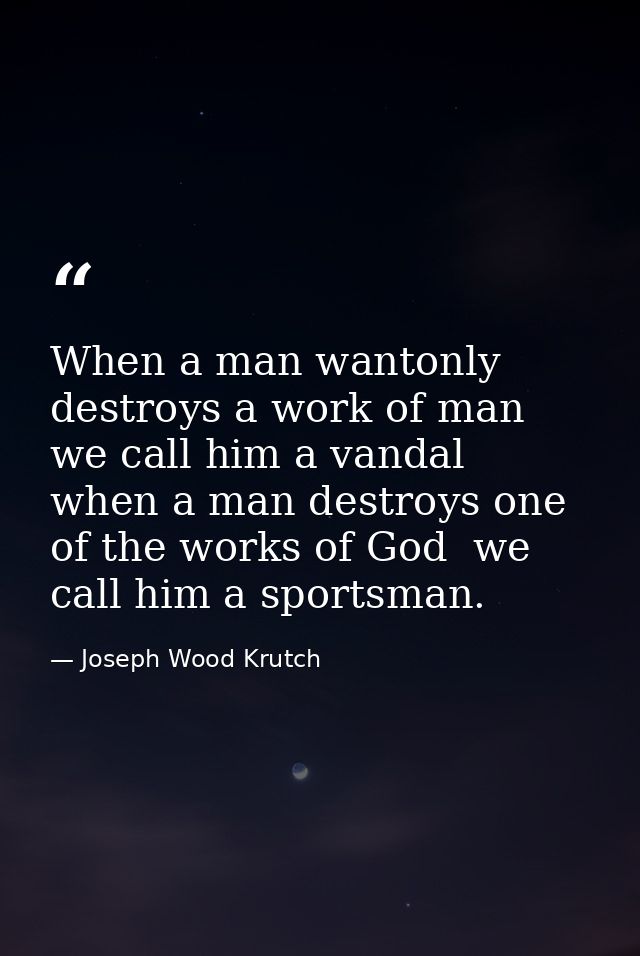When a man wantonly destroys a work of man we call him a vandal  when a man destroys one of the works of God  we call hi — Joseph Wood Krutch