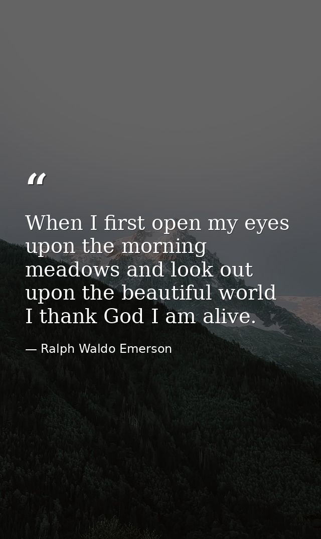 When I first open my eyes upon the morning meadows and look out upon the beautiful world  I thank God I am alive. — Ralph Waldo Emerson