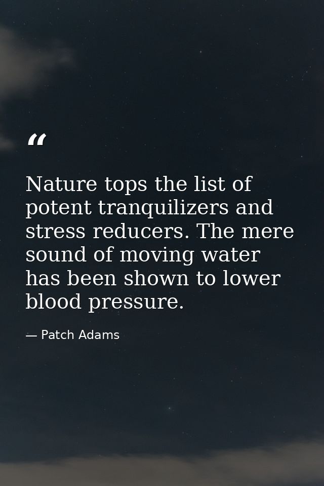Nature tops the list of potent tranquilizers and stress reducers. The mere sound of moving water has been shown to lower — Patch Adams