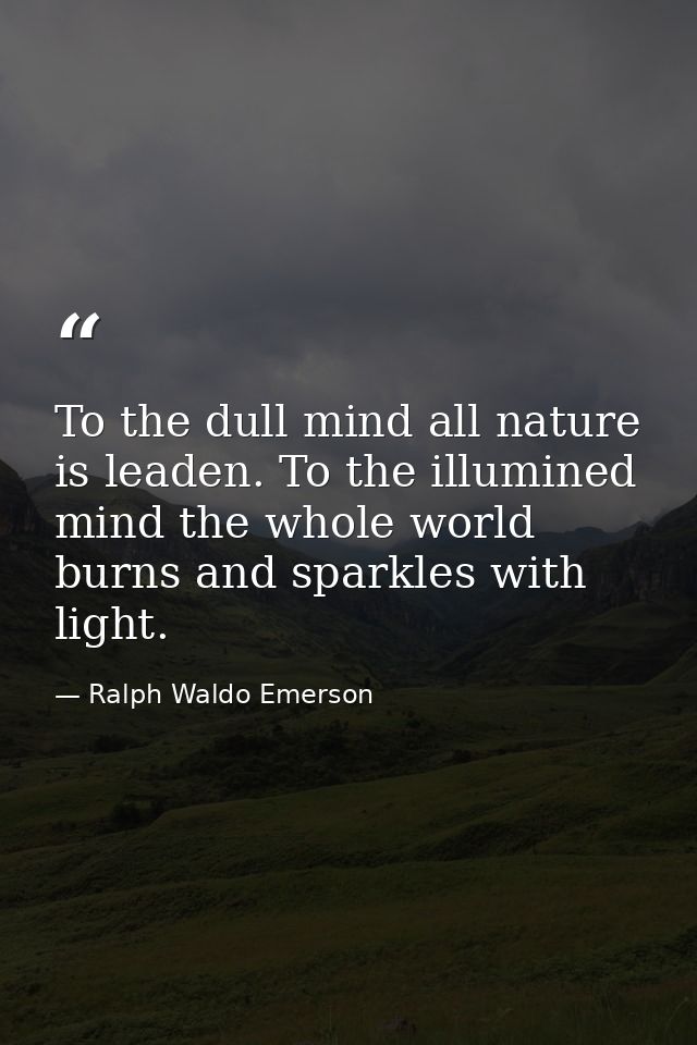 To the dull mind all nature is leaden. To the illumined mind the whole world burns and sparkles with light. — Ralph Waldo Emerson