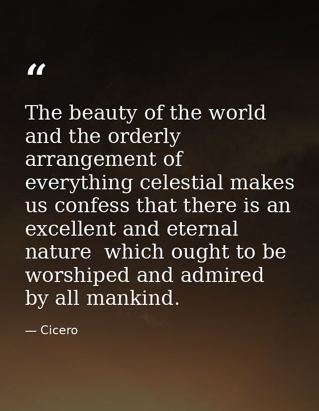 The beauty of the world and the orderly arrangement of everything celestial makes us confess that there is an excellent  — Cicero