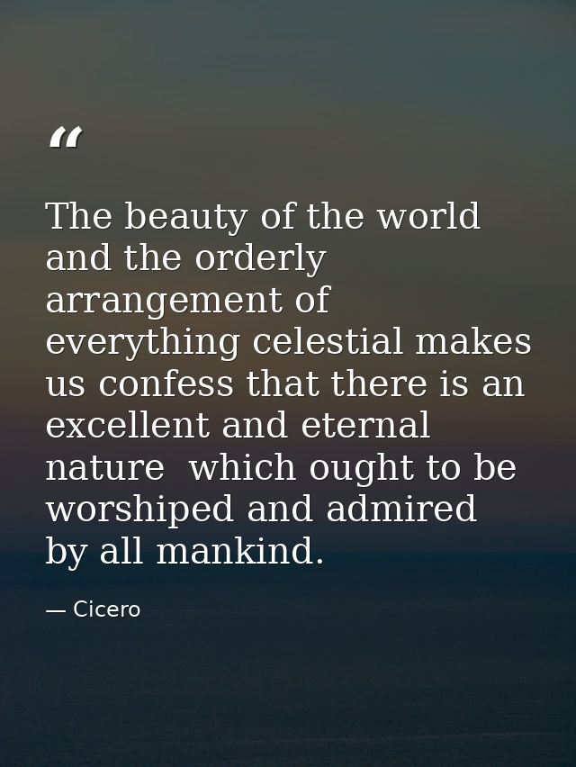 The beauty of the world and the orderly arrangement of everything celestial makes us confess that there is an excellent  — Cicero