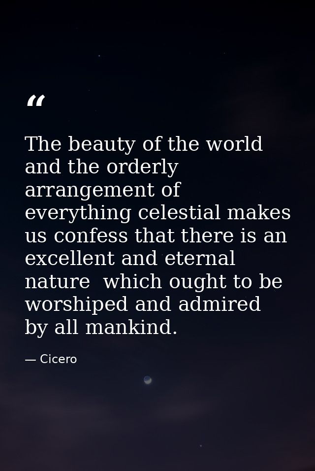 The beauty of the world and the orderly arrangement of everything celestial makes us confess that there is an excellent  — Cicero
