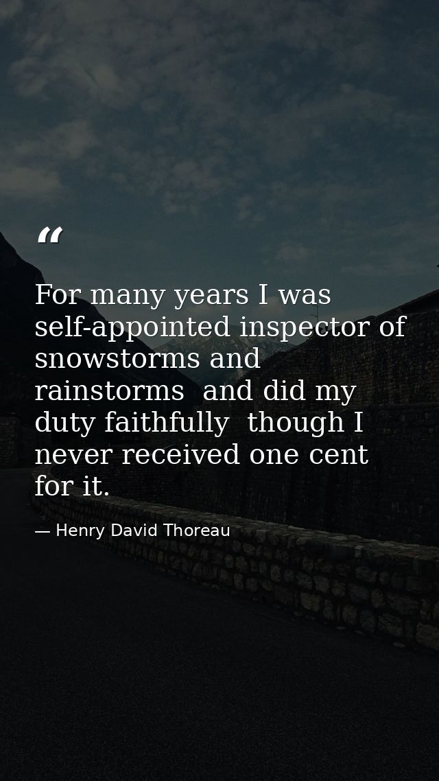 For many years I was self-appointed inspector of snowstorms and rainstorms  and did my duty faithfully  though I never r — Henry David Thoreau
