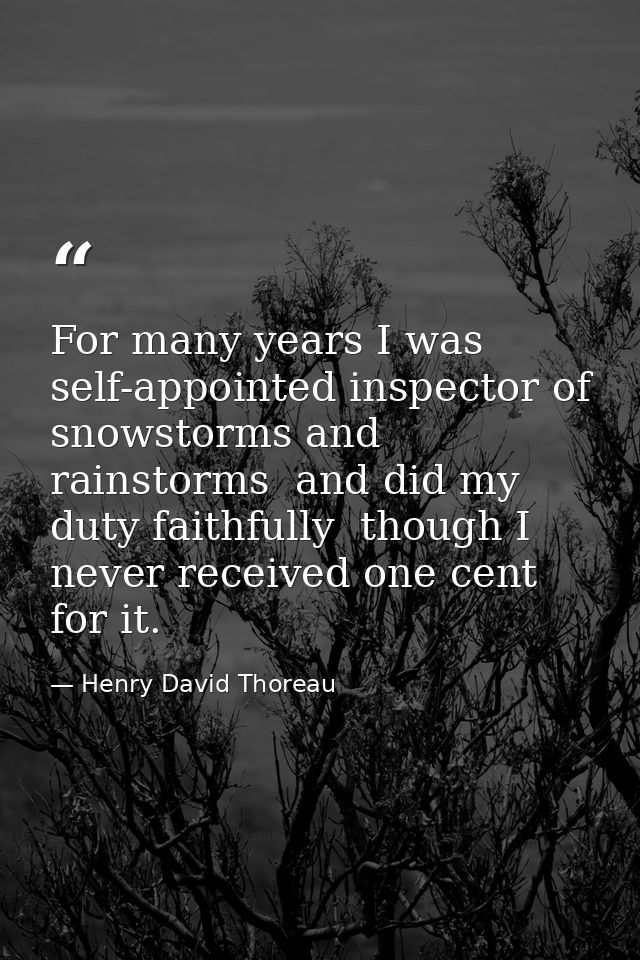 For many years I was self-appointed inspector of snowstorms and rainstorms  and did my duty faithfully  though I never r — Henry David Thoreau