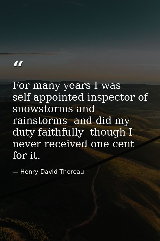 For many years I was self-appointed inspector of snowstorms and rainstorms  and did my duty faithfully  though I never r — Henry David Thoreau
