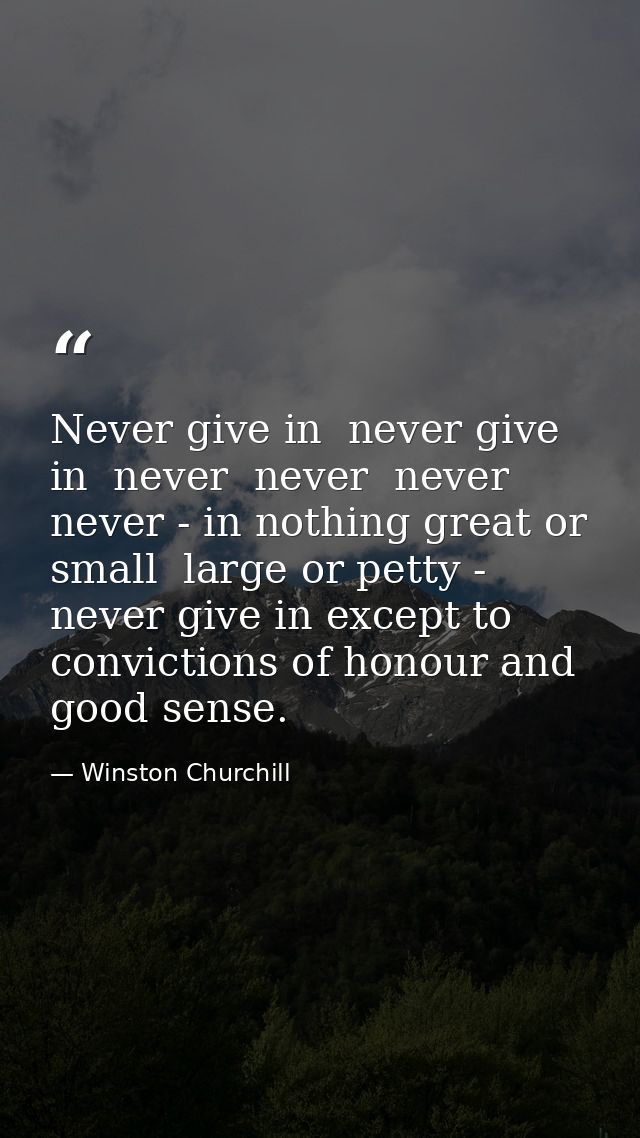 Never give in  never give in  never  never  never  never - in nothing great or small  large or petty - never give in exc — Winston Churchill