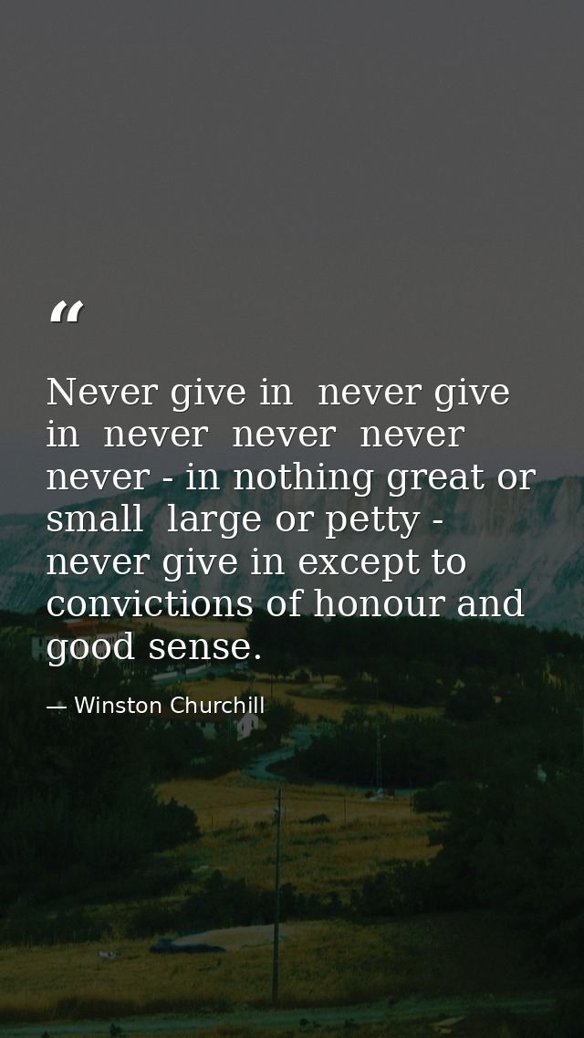 Never give in  never give in  never  never  never  never - in nothing great or small  large or petty - never give in exc — Winston Churchill