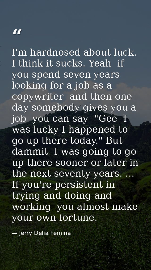 I'm hardnosed about luck. I think it sucks. Yeah  if you spend seven years looking for a job as a copywriter  and then o — Jerry Delia Femina