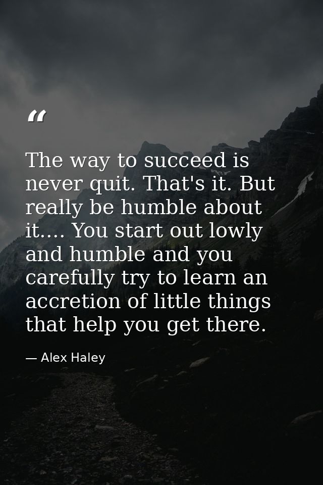 The way to succeed is never quit. That's it. But really be humble about it.... You start out lowly and humble and you ca — Alex Haley